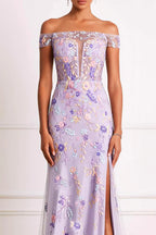 Exquisite Sheath Off the Shoulder Sleeveless Embroidered Floor-Length Prom Dress