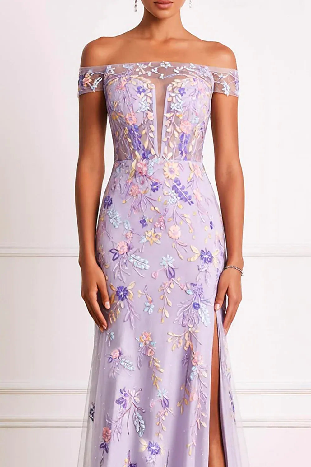 Exquisite Sheath Off the Shoulder Sleeveless Embroidered Floor-Length Prom Dress