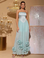 Exquisite Tailoring A-Line Strapless 3D Flower Pink Long Prom Dress For Sale