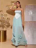 Exquisite Tailoring A-Line Strapless 3D Flower Pink Long Prom Dress For Sale