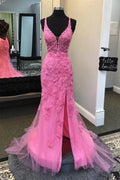 Exquisite V-neck Sleeveless Fitted Appliques Long Prom Dress