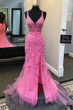 Exquisite V-neck Sleeveless Fitted Appliques Long Prom Dress