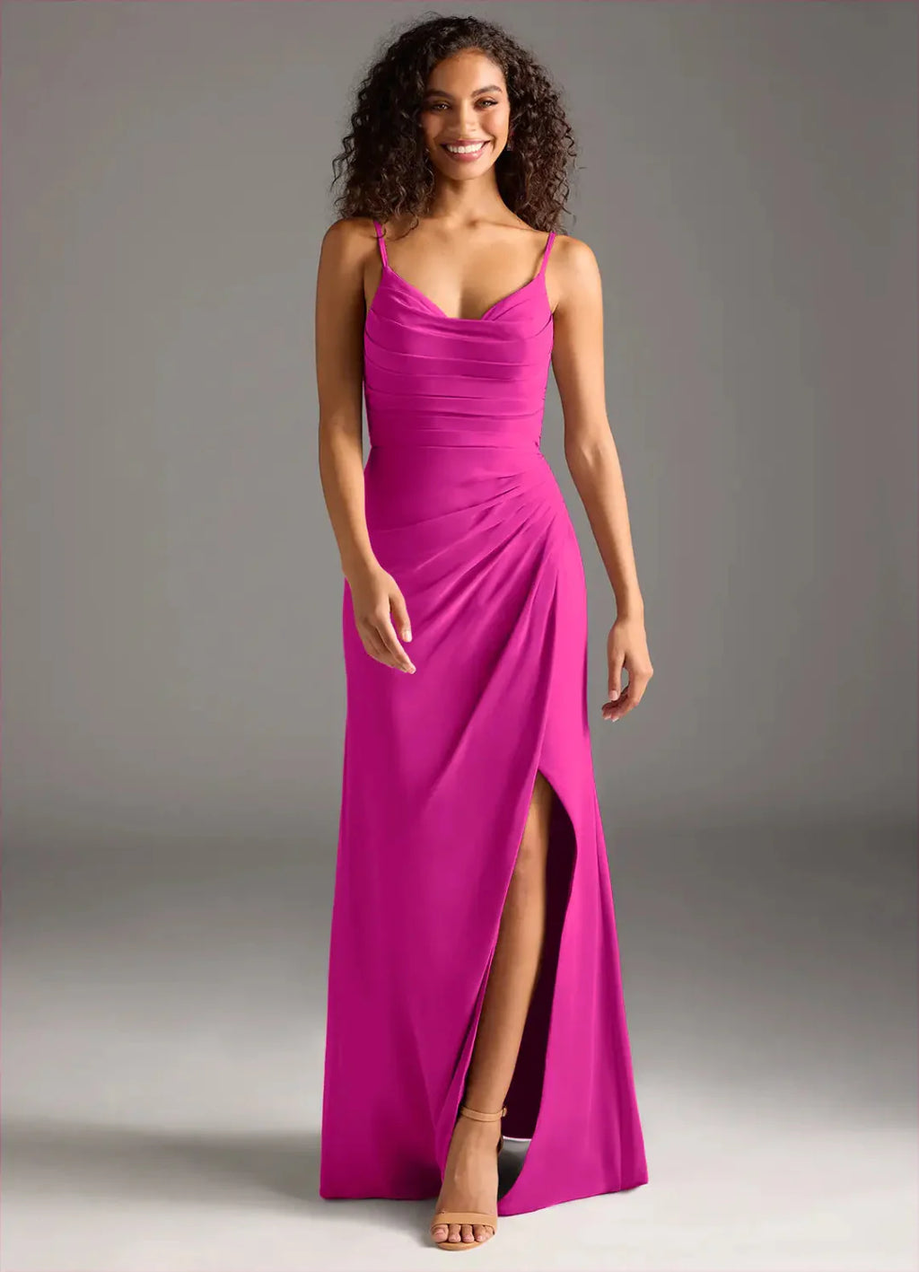 Exquisite Chiffon Form-Fitting Cowl Neck Spaghetti Strap V-Back Floor-Length Bridesmaid Dress with Ruched Waist for Wedding Events