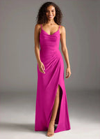 Exquisite Chiffon Form-Fitting Cowl Neck Spaghetti Strap V-Back Floor-Length Bridesmaid Dress with Ruched Waist for Wedding Events