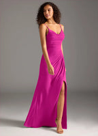Exquisite Chiffon Form-Fitting Cowl Neck Spaghetti Strap V-Back Floor-Length Bridesmaid Dress with Ruched Waist for Wedding Events