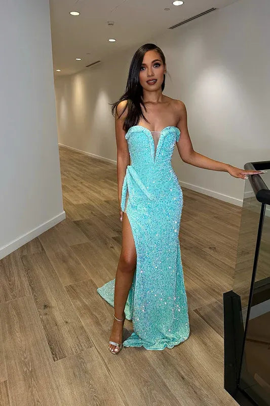 Exquisited Mermaid Sweetheart Sleeveless Sequins Split Floor-Length Prom Dress