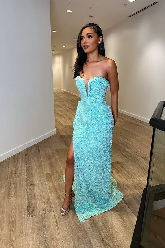 Exquisited Mermaid Sweetheart Sleeveless Sequins Split Floor-Length Prom Dress