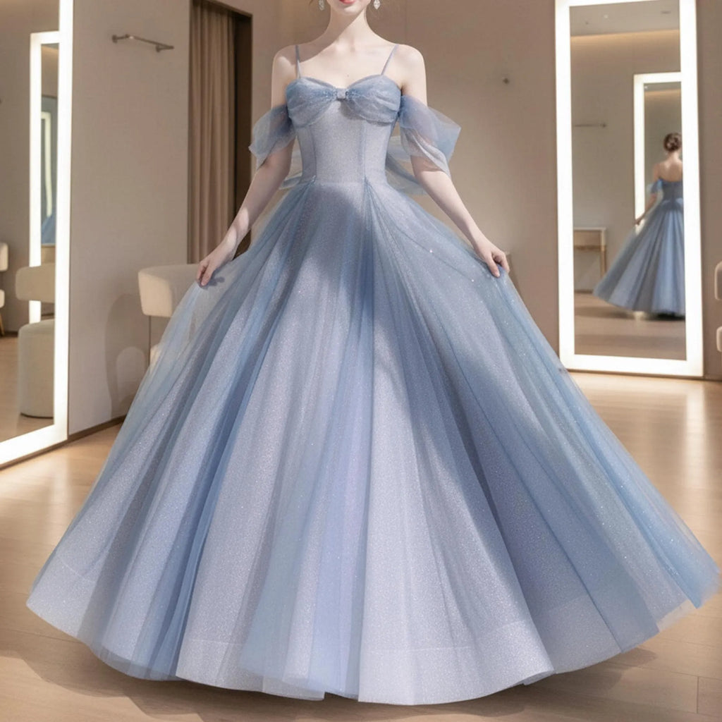 Prom Dress Enchanting Fairy Tale A Line Off Shoulder Beaded Glitter Tulle Light Blue Floor Length For Dreamy Prom Queens