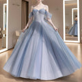 Prom Dress Enchanting Fairy Tale A Line Off Shoulder Beaded Glitter Tulle Light Blue Floor Length For Dreamy Prom Queens