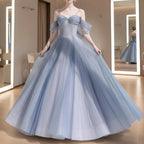 Prom Dress Enchanting Fairy Tale A Line Off Shoulder Beaded Glitter Tulle Light Blue Floor Length For Dreamy Prom Queens