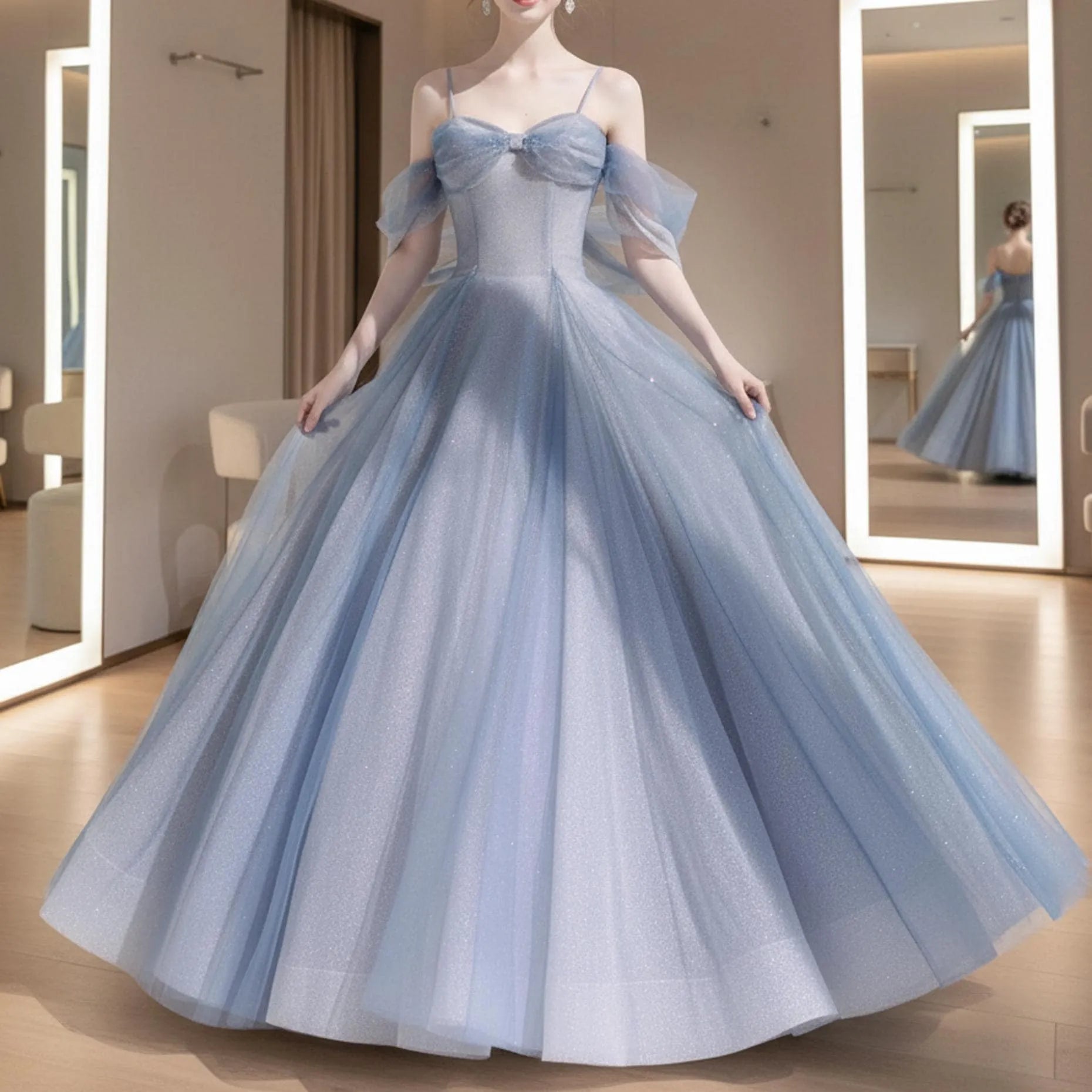 Prom Dress Enchanting Fairy Tale A Line Off Shoulder Beaded Glitter Tulle Light Blue Floor Length For Dreamy Prom Queens