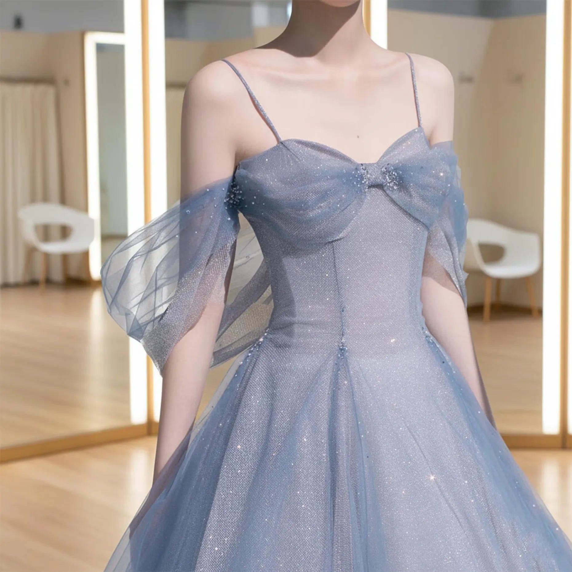 Prom Dress Enchanting Fairy Tale A Line Off Shoulder Beaded Glitter Tulle Light Blue Floor Length For Dreamy Prom Queens