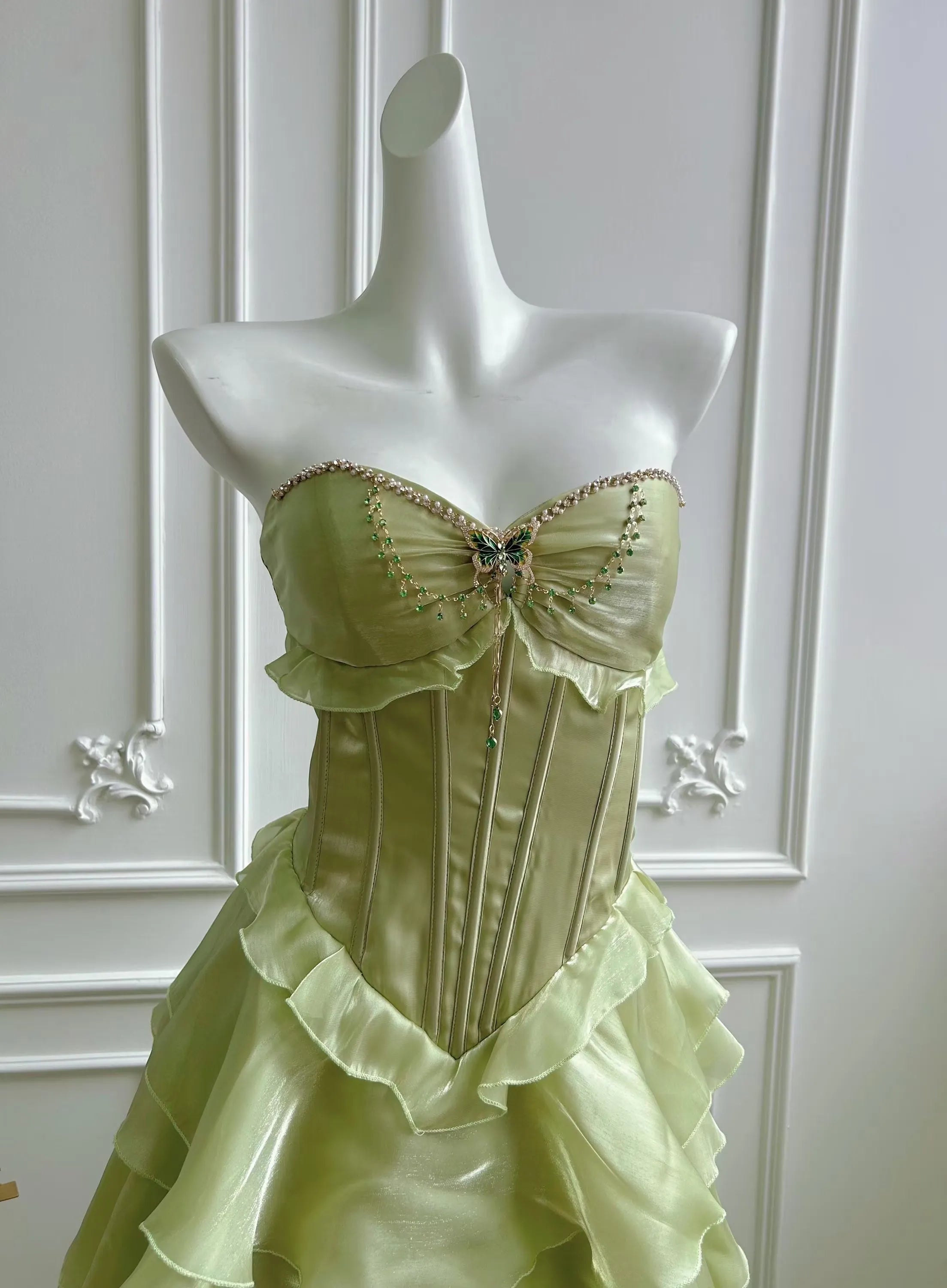 Green Beaded A Line Strapless Corset Prom Dress With Floor Length For Dramatic Timeless Style Lovers Butterfly Motif