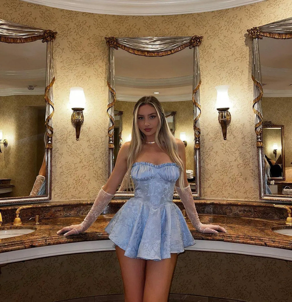 Fairy A-Line Strapless Corset Ruffle Light-Blue Mini Homecoming Dress Hot Sale
