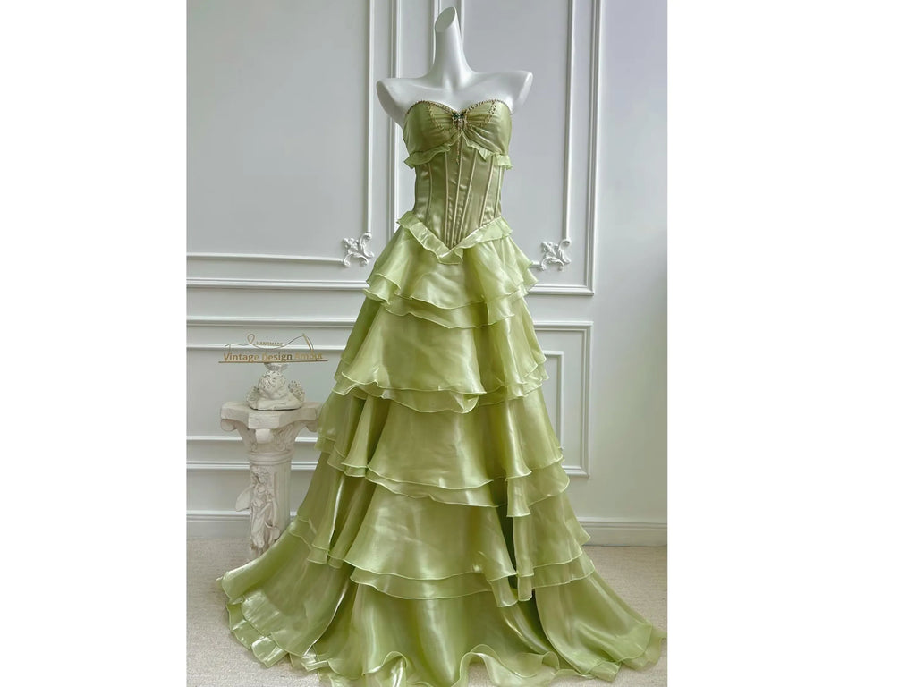 Green Beaded A Line Strapless Corset Prom Dress With Floor Length For Dramatic Timeless Style Lovers Butterfly Motif