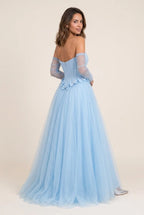 Light Blue Fairy A-Line Strapless corset Pleated Bow Accent Light Floor-Length Prom Dress
