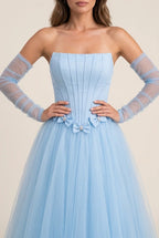 Light Blue Fairy A-Line Strapless corset Pleated Bow Accent Light Floor-Length Prom Dress