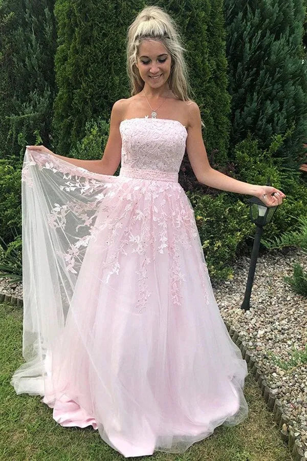 Fairytale A-Line Strapless Sleeveless Appliqué Maxi Prom Dress