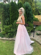 Fairytale A-Line Strapless Sleeveless Appliqué Maxi Prom Dress
