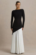 Fascinating A Line Boat Neck Long Sleeve Asymmetrical Hem Floor Length Evening Dress