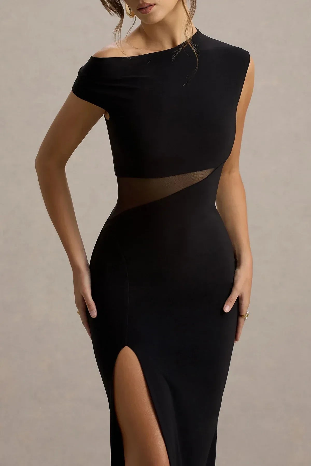 Fascinating Mermaid One Shoulder Cap Sleeve Mesh Detail High Slit Floor Length Evening Dress