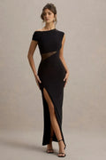 Fascinating Mermaid One Shoulder Cap Sleeve Mesh Detail High Slit Floor Length Evening Dress