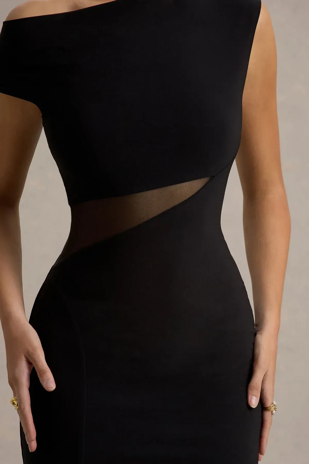 Fascinating Mermaid One Shoulder Cap Sleeve Mesh Detail High Slit Floor Length Evening Dress