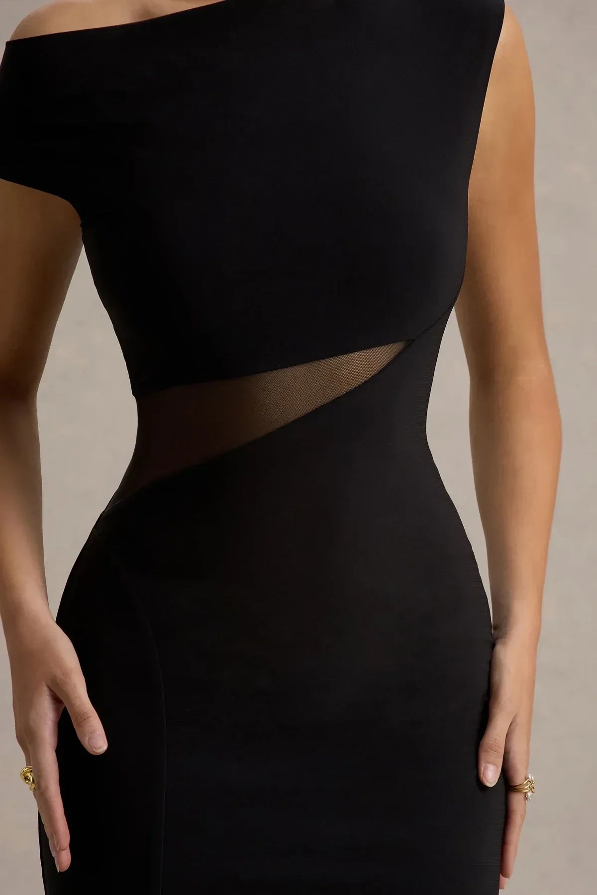Fascinating Mermaid One Shoulder Cap Sleeve Mesh Detail High Slit Floor Length Evening Dress