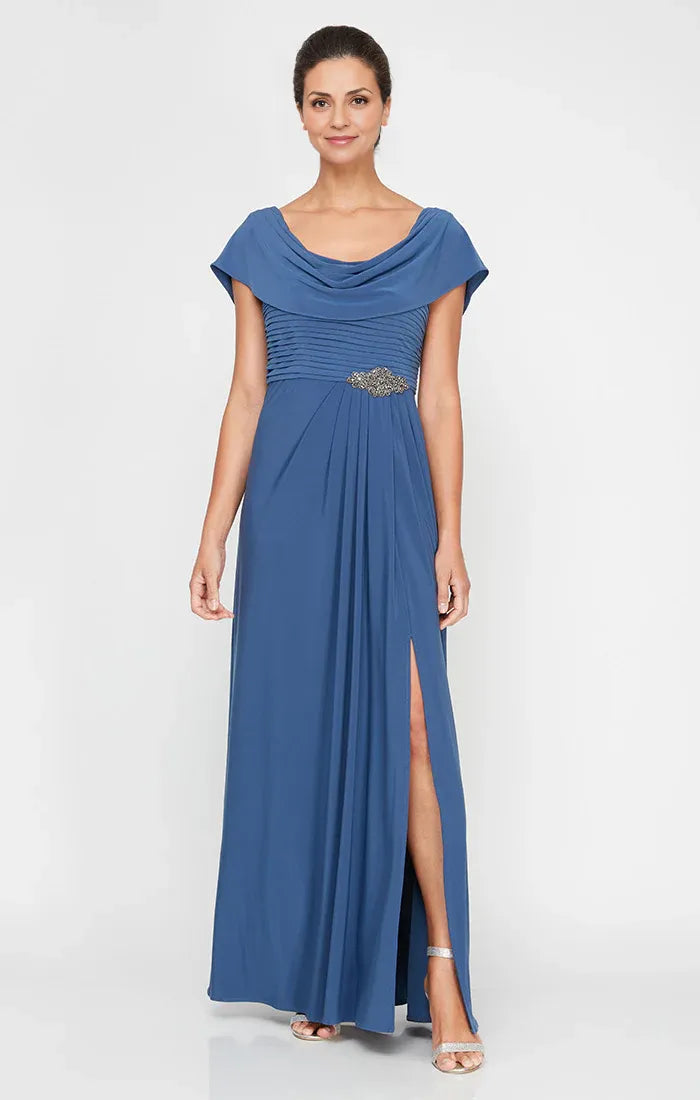 Fashion A-Line Cowl Neck Cap Sleeve Backless Floor-Length Mother of the Bride Dress