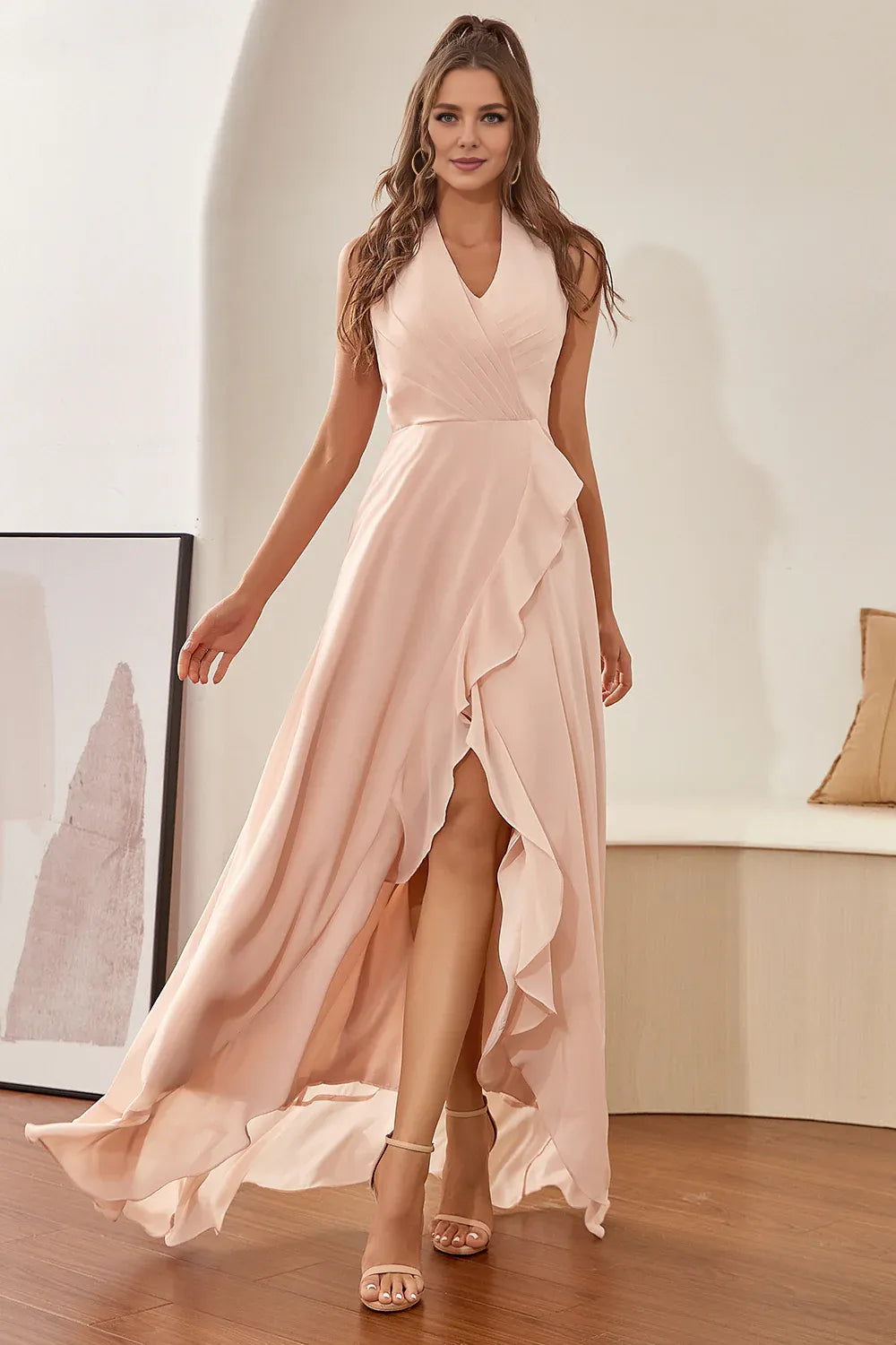 Fashion A-Line Halter-Neck Sleeveless Sweep/Brush Train Prom Dress