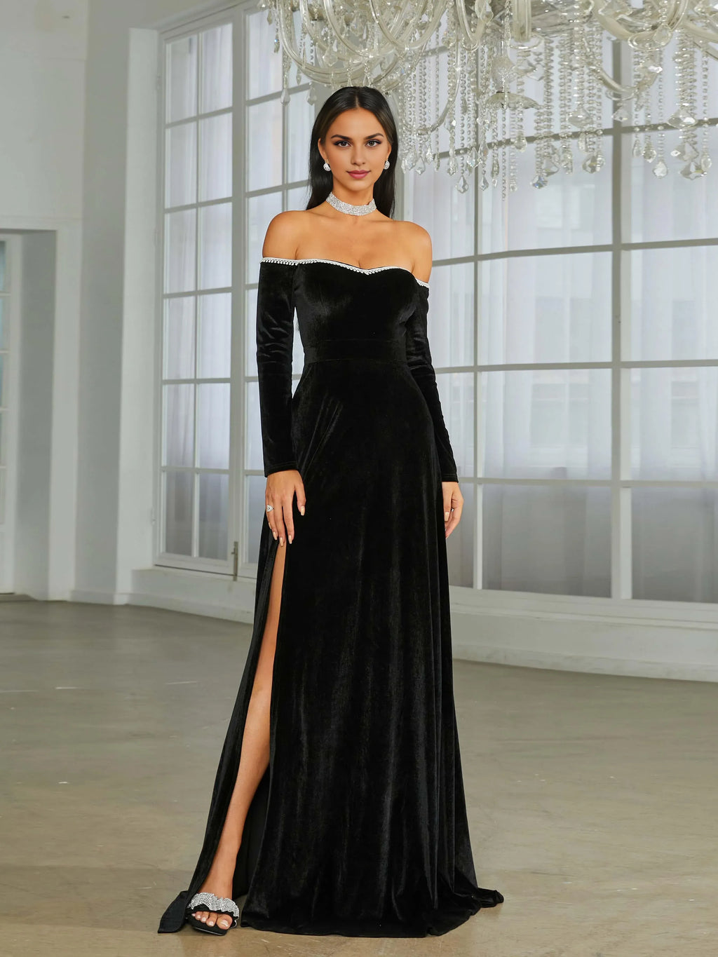 Fashion A-Line Off Shoulder Long Sleeve Back Zip Floor-Length Prom Dress