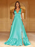 Fashion A-Line Plunging Neck Sleeveless Backless Sweep/Brush Train Prom Dress