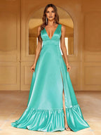 Fashion A-Line Plunging Neck Sleeveless Backless Sweep/Brush Train Prom Dress