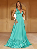 Fashion A-Line Plunging Neck Sleeveless Backless Sweep/Brush Train Prom Dress