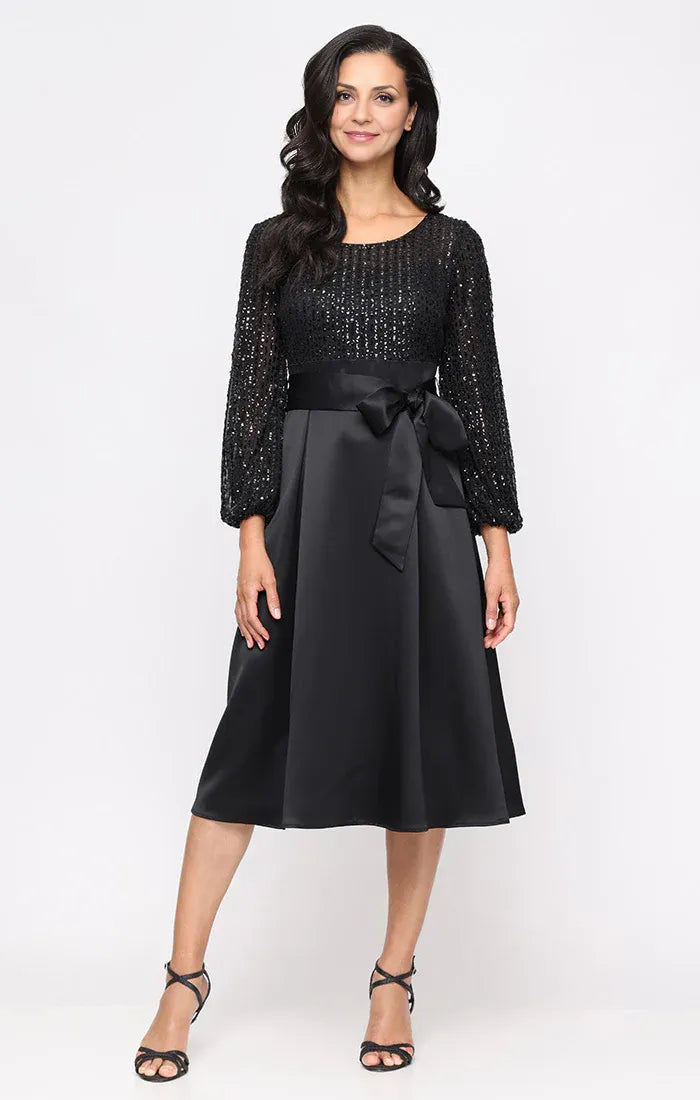 Fashion A-Line Scoop Neck Long Sleeve Zipper Up Tea-Length Mother of the Bride Dress