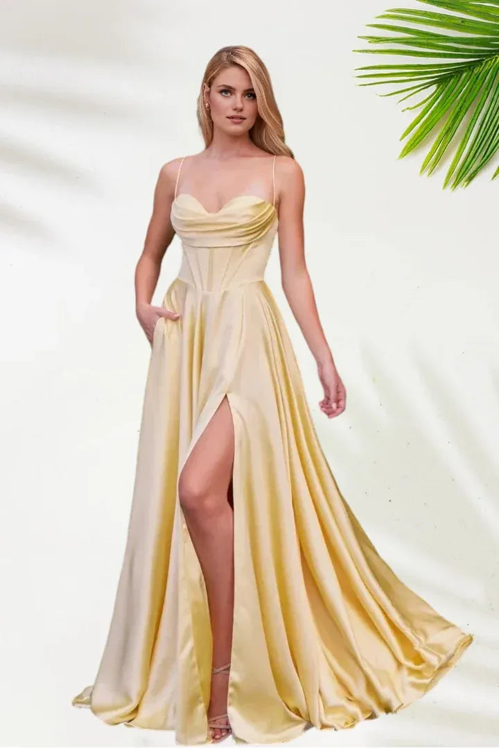 Fashion A-Line Spaghetti Straps Sleeveless Floor-Length Prom Dress