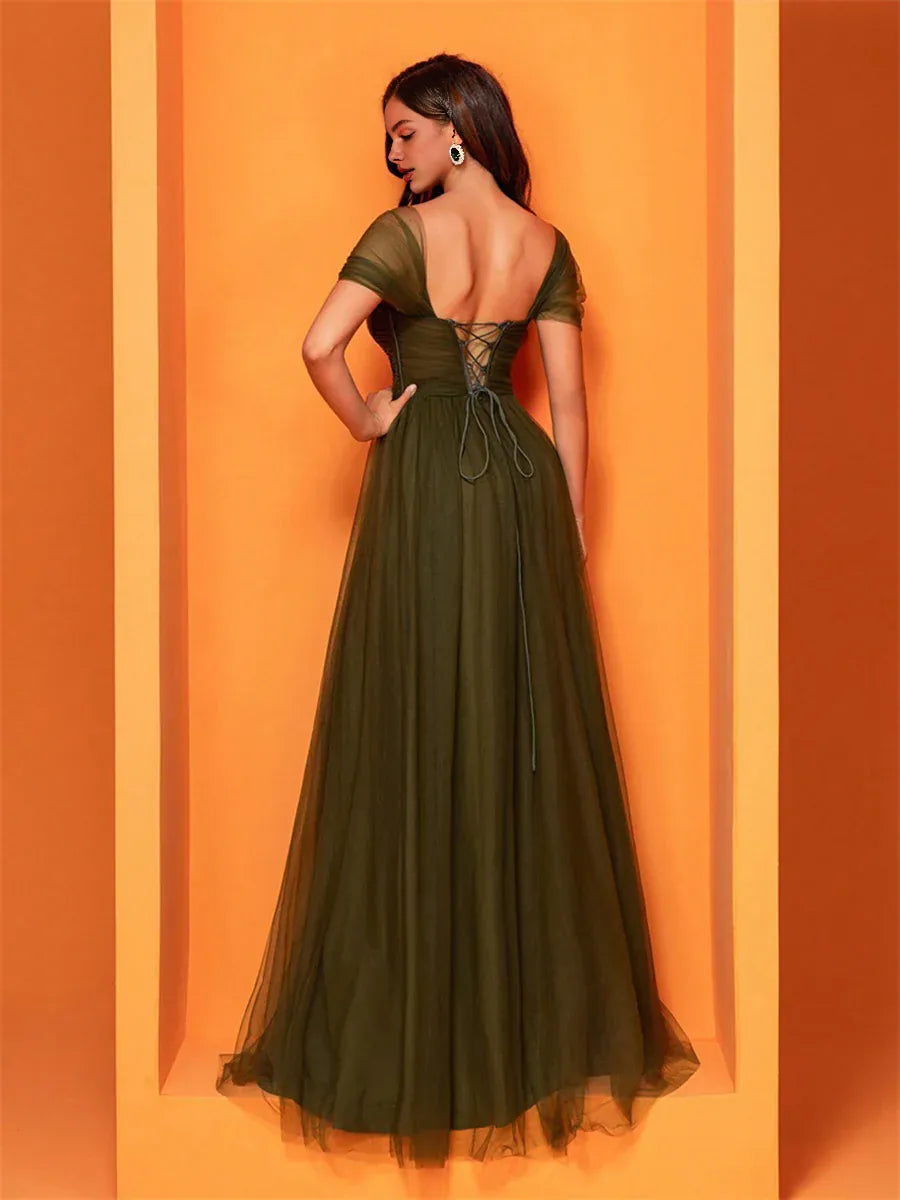 Fashion A-Line Square-neck Cap Sleeve Up Floor-Length Prom Dress