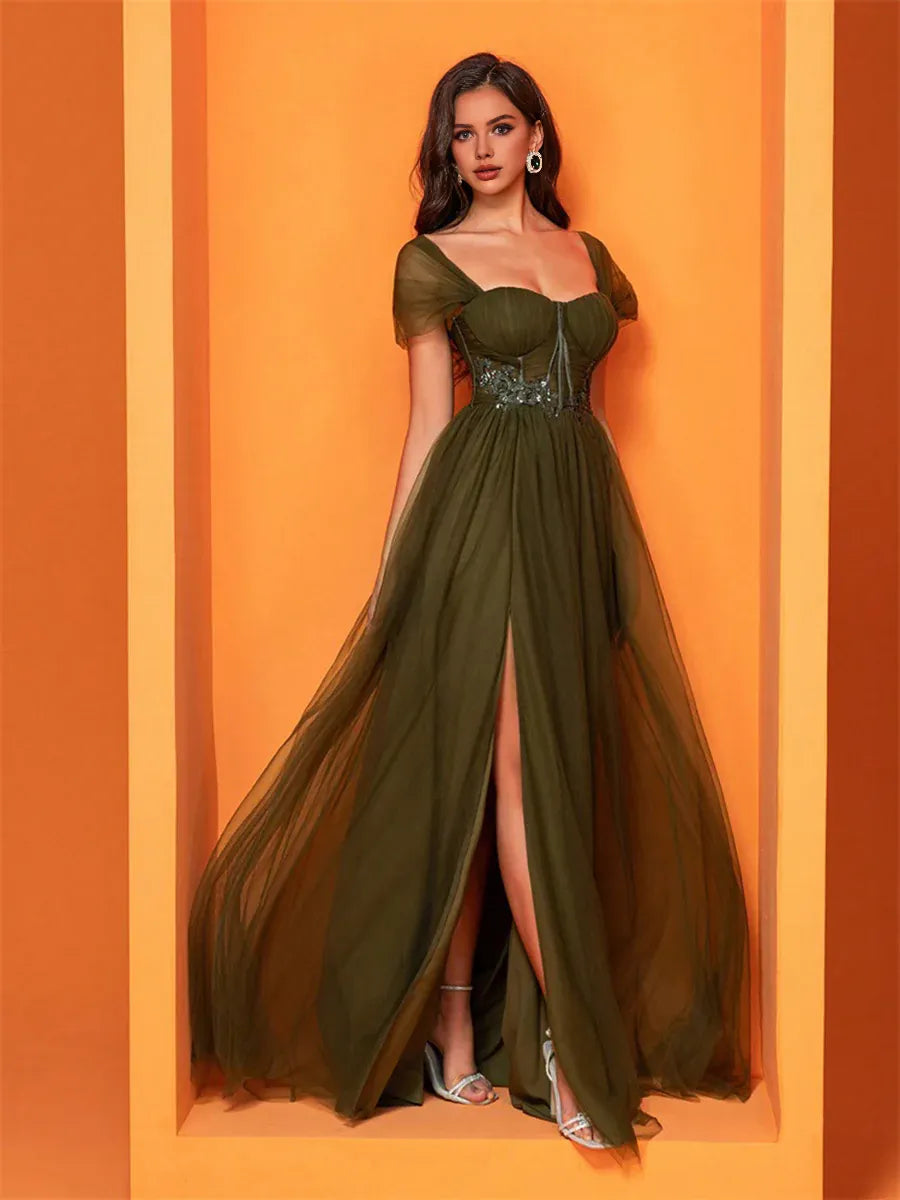 Fashion A-Line Square-neck Cap Sleeve Up Floor-Length Prom Dress