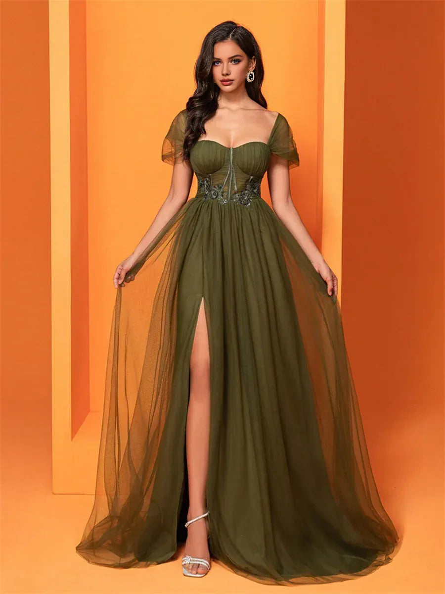 Fashion A-Line Square-neck Cap Sleeve Up Floor-Length Prom Dress