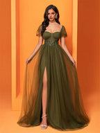 Fashion A-Line Square-neck Cap Sleeve Up Floor-Length Prom Dress