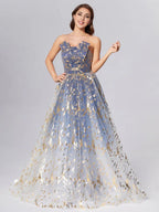 Fashion A-Line Strapless Sleeveless Up Sweep/Brush Train Prom Dress