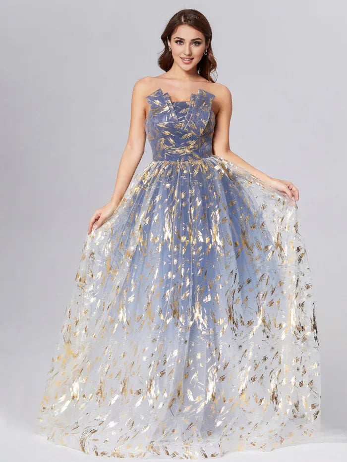Fashion A-Line Strapless Sleeveless Up Sweep/Brush Train Prom Dress