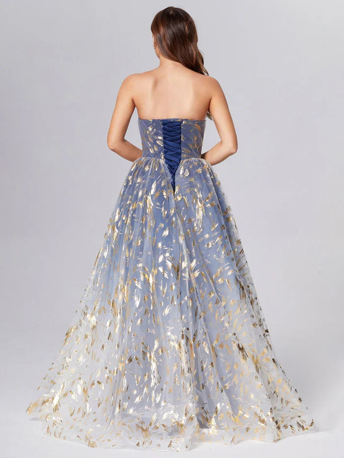 Fashion A-Line Strapless Sleeveless Up Sweep/Brush Train Prom Dress