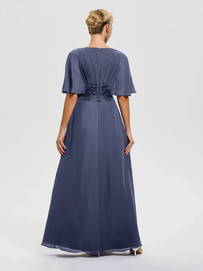 Fashion A-Line V-Neck Half Sleeves Floor-Length Mother of the Bride Dress