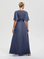 Fashion A-Line V-Neck Half Sleeves Floor-Length Mother of the Bride Dress