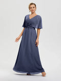 Fashion A-Line V-Neck Half Sleeves Floor-Length Mother of the Bride Dress