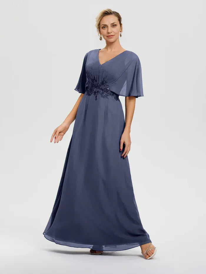 Fashion A-Line V-Neck Half Sleeves Floor-Length Mother of the Bride Dress
