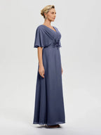 Fashion A-Line V-Neck Half Sleeves Floor-Length Mother of the Bride Dress