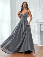 Fashion A-Line V Neck Sleeveless Backless Floor-Length Prom Dress