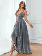 Fashion A-Line V Neck Sleeveless Backless Floor-Length Prom Dress